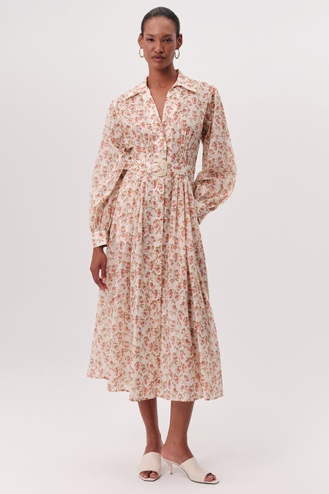 Katie Fitted Waist Floral Midi Shirt Dress