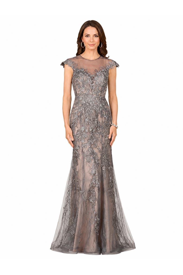 Sheath Lace Gown with Cap Sleeves, Main, color, Charcoal
