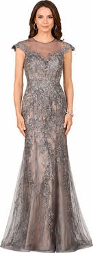 LARA New York Sheath Lace Gown with Cap Sleeves