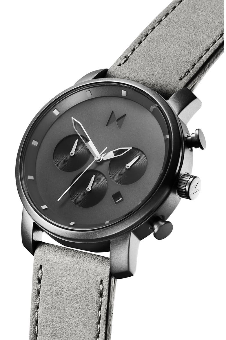 MVMT Mono Chronograph Leather Strap Watch, 40mm, Alternate, color, GREY/ SILVER