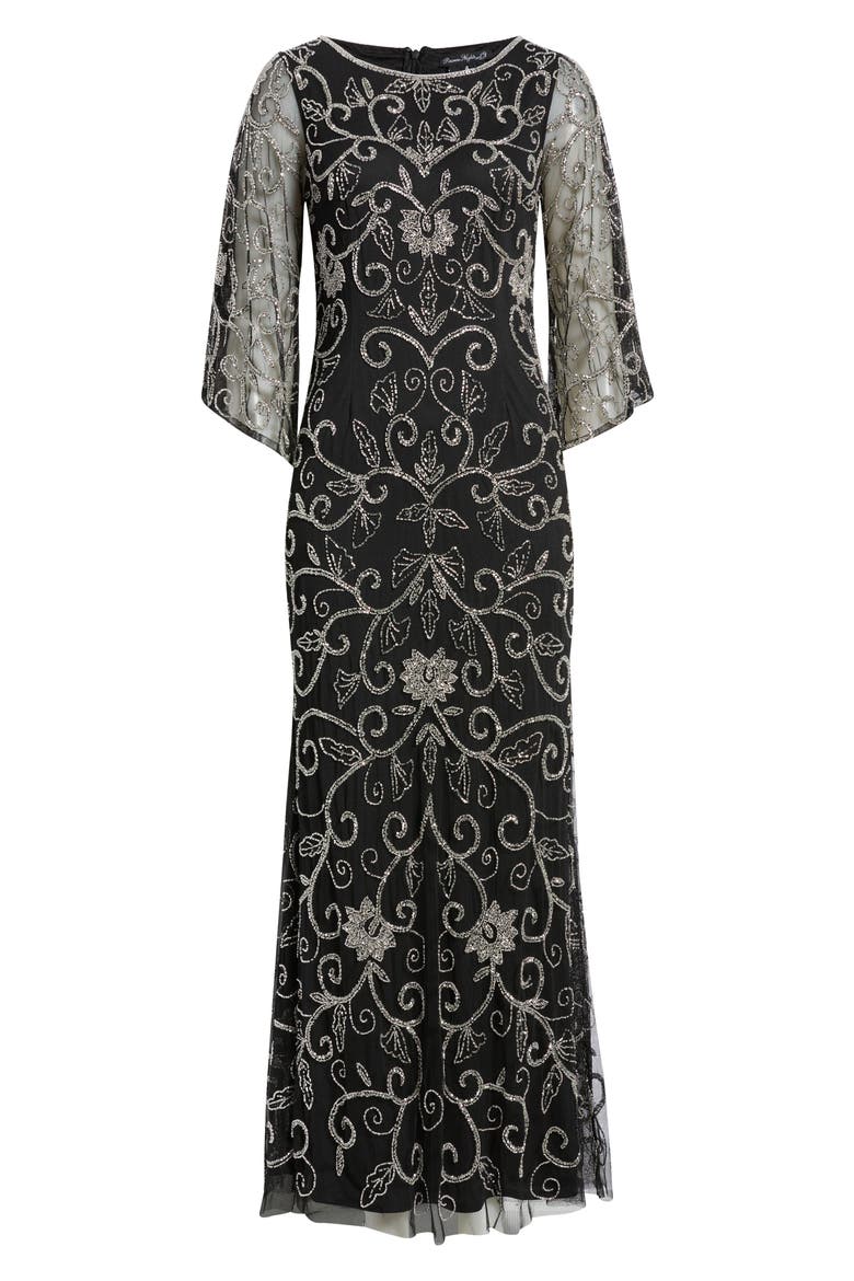 Beaded Three Quarter Sleeve Gown, Alternate, color, BLACK/ SILVER 013