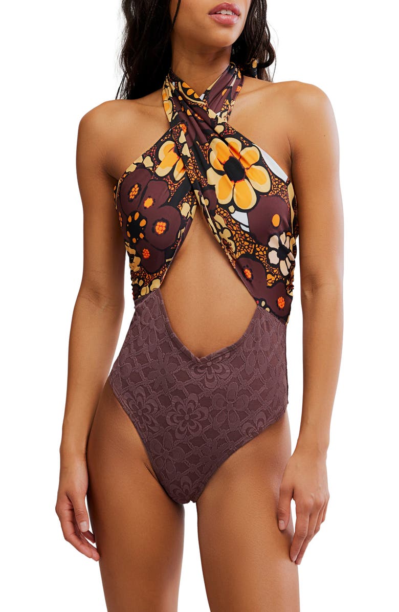 Free People Miley Convertible One-Piece Swimsuit, Alternate, color, Golden Hour/ Fudgesic