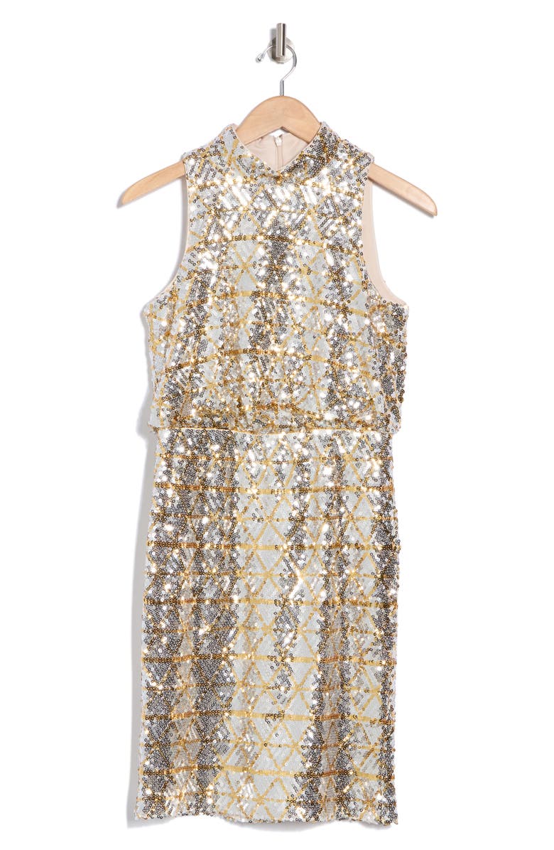 Eliza J Sequin Mock Neck Tiered Dress, Alternate, color, Silver