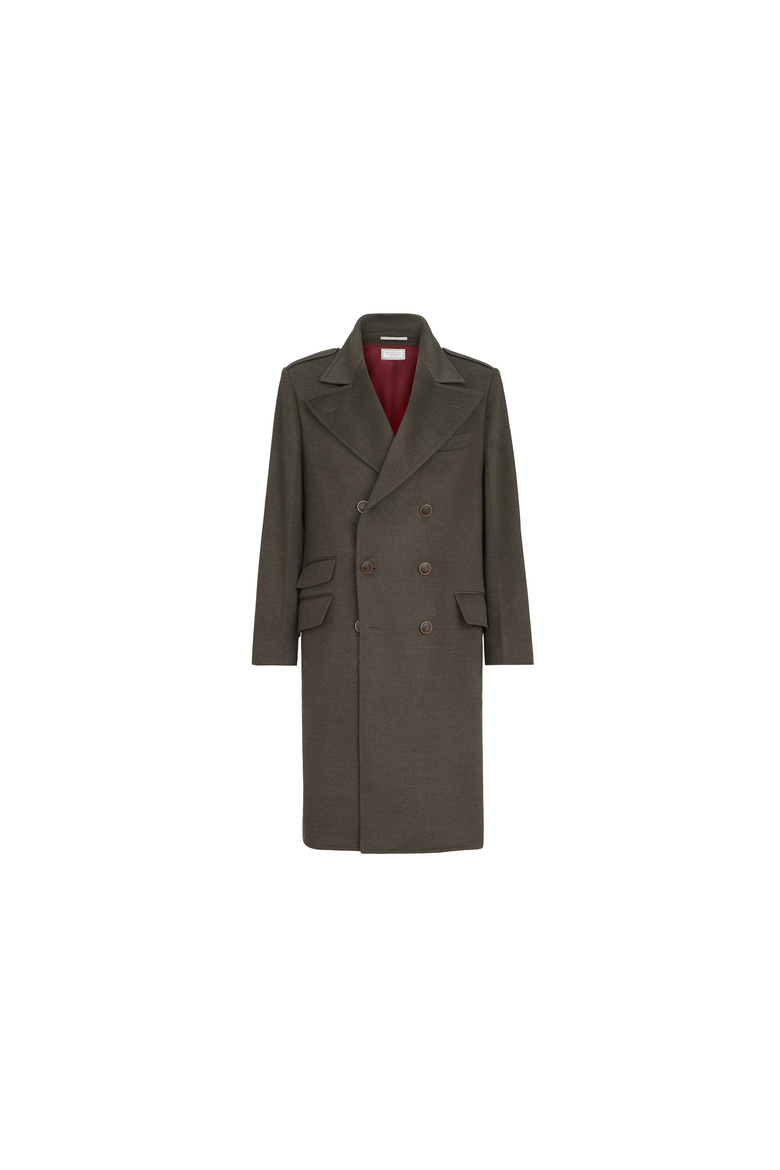 Lightweight virgin wool cloth one-and-a half breasted coat with peak lapels, Alternate, color, Mud