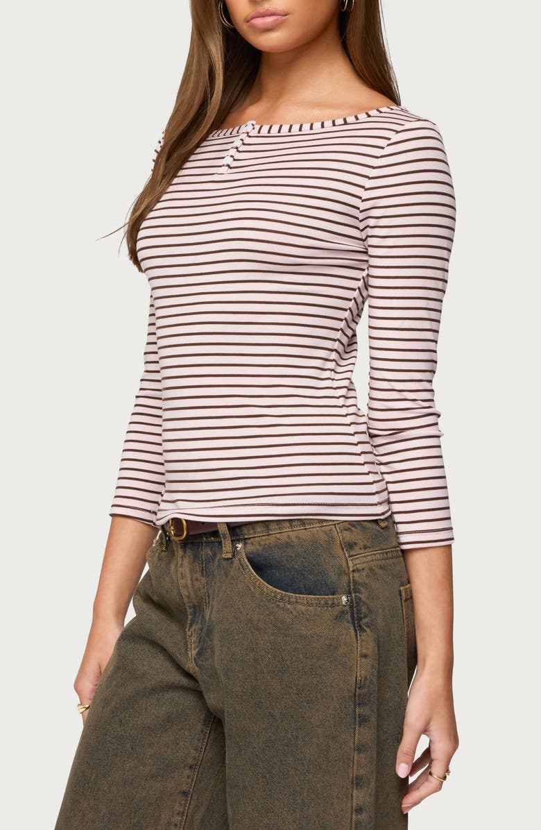 EDIKTED Avigyle Stripe Long Sleeve Henley Top, Alternate, color, Light-Pink