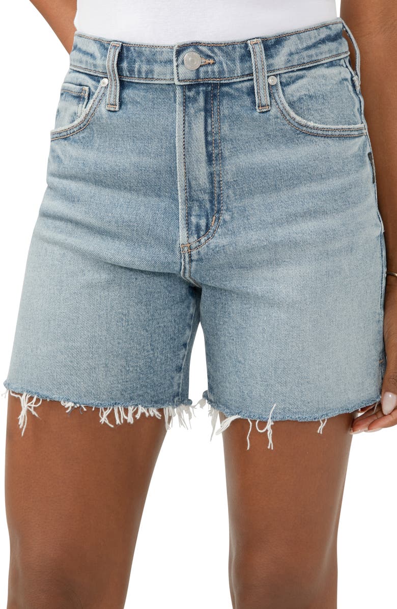 Silver Jeans Co. Highly Desirable Raw Hem High Waist Long Denim Shorts, Alternate, color, Indigo