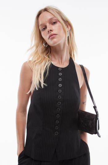 Topshop Pinstripe Vest In Black