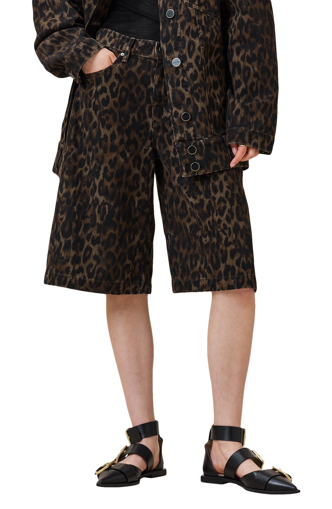 AllSaints Louie Leopard Long Denim Shorts
