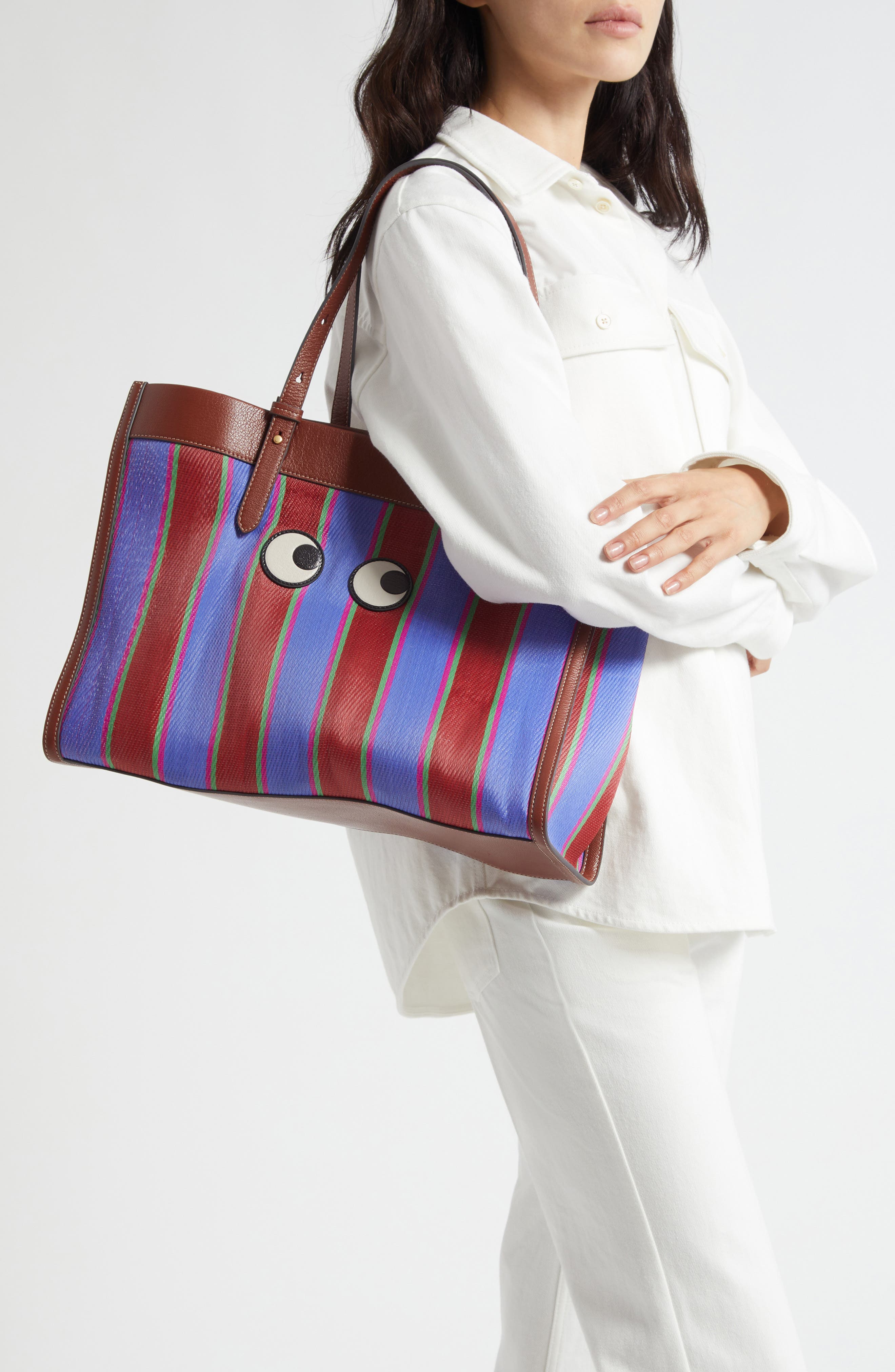 Anya Hindmarch Eyes Stripe Recycled Mesh East/West Tote, Alternate, color, Medium Red