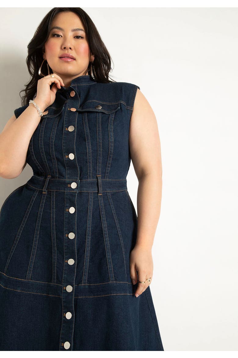 Denim Fit & Flare Midi Dress, Alternate, color, DARK WASH