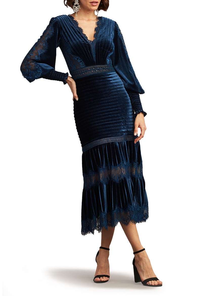Avalon Pleated Velvet Cocktail Midi Dress, Alternate, color, NAVY