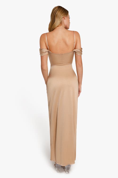 Popilush Shapewear Off Shoulder Shine Ruched Sculpting Maxi Dress In Champagne