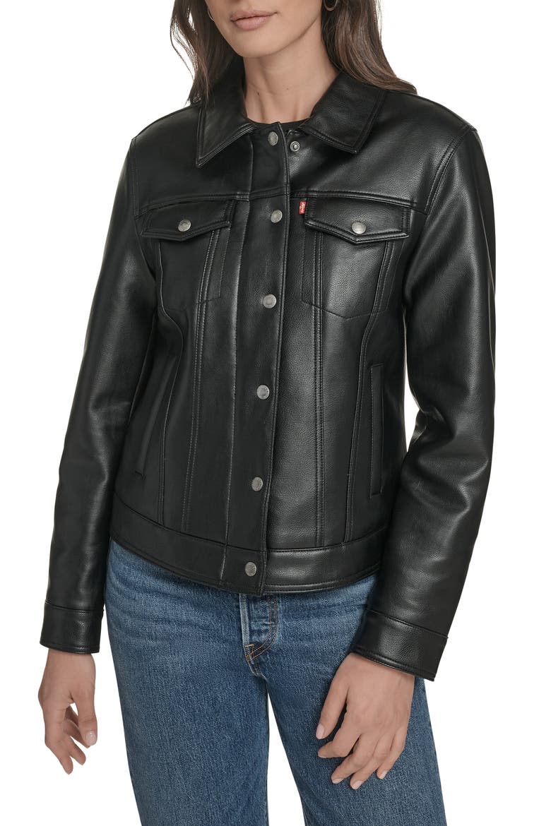 Faux Leather Trucker Jacket, Main, color, BLACK