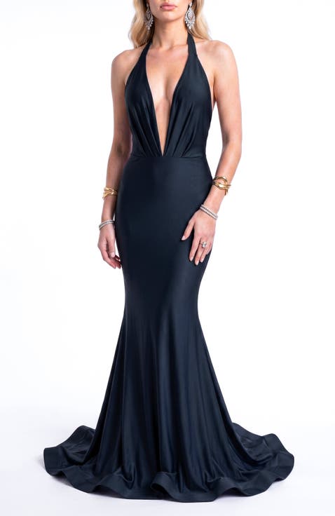 Plunging Halter Open-Back Mermaid Gown With Train