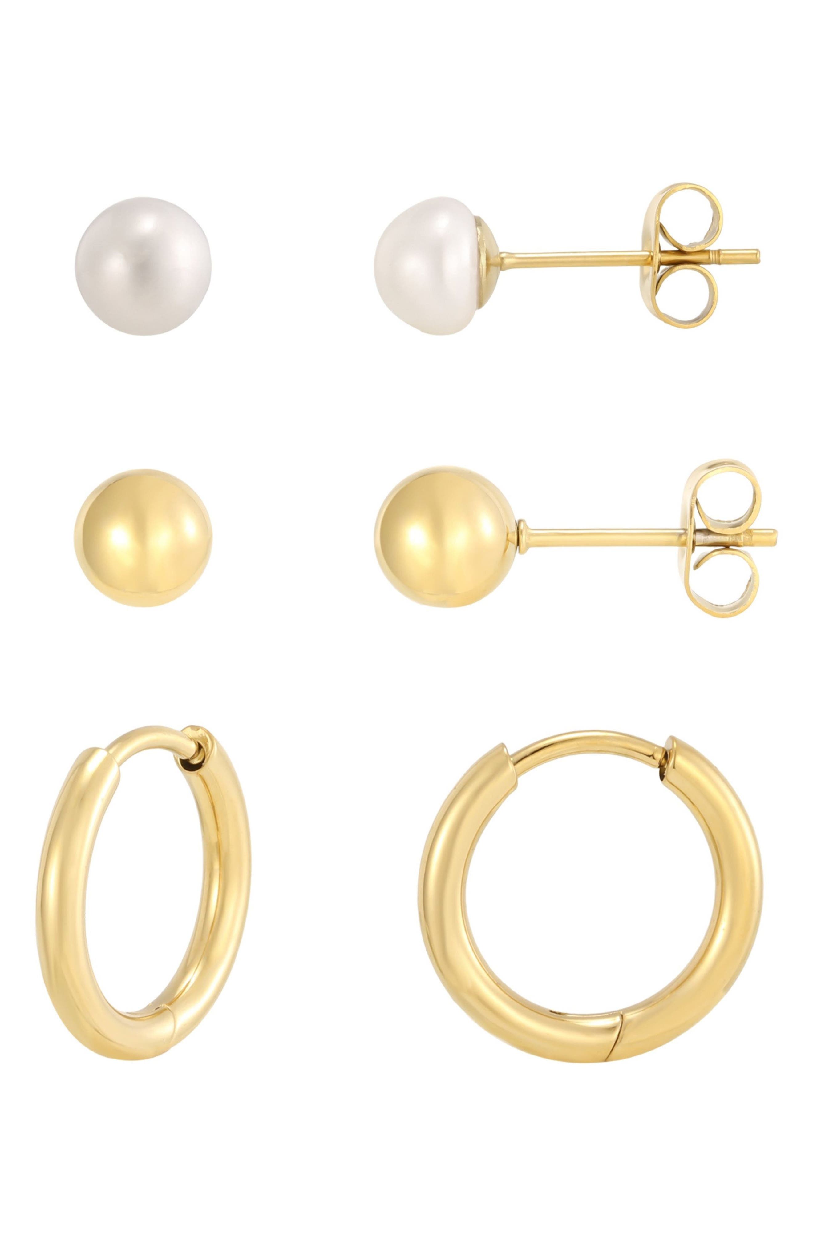 Set of 3 Pair 18k Gold Plated Pearl & Stud Earrings