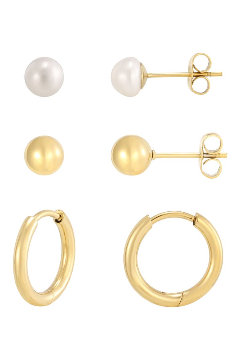 Set of 3 Pair 18k Gold Plated Freshwater Pearl & Stud Earrings, Main, color, WHITE/ GOLD