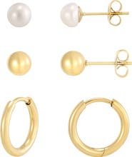 Adornia Set of 3 Pair 18k Gold Plated Freshwater Pearl & Stud Earrings