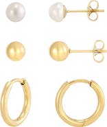 Adornia Set of 3 Pair 18k Gold Plated Freshwater Pearl & Stud Earrings