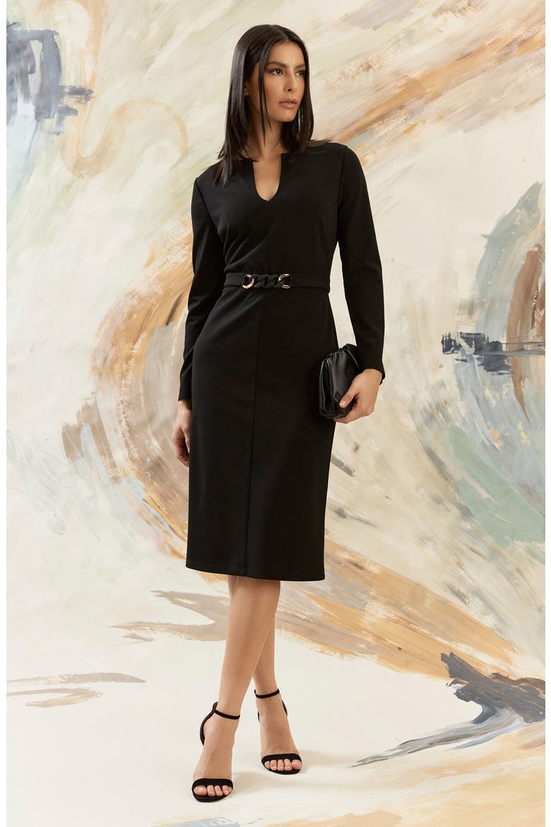 Belted Long Sleeve Sheath Dress, Alternate, color, BLACK
