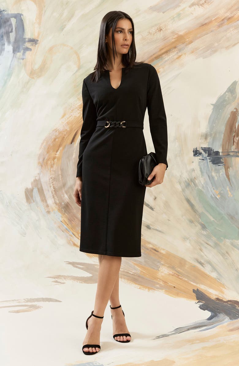 Maggy London Belted Long Sleeve Sheath Dress, Alternate, color, Black