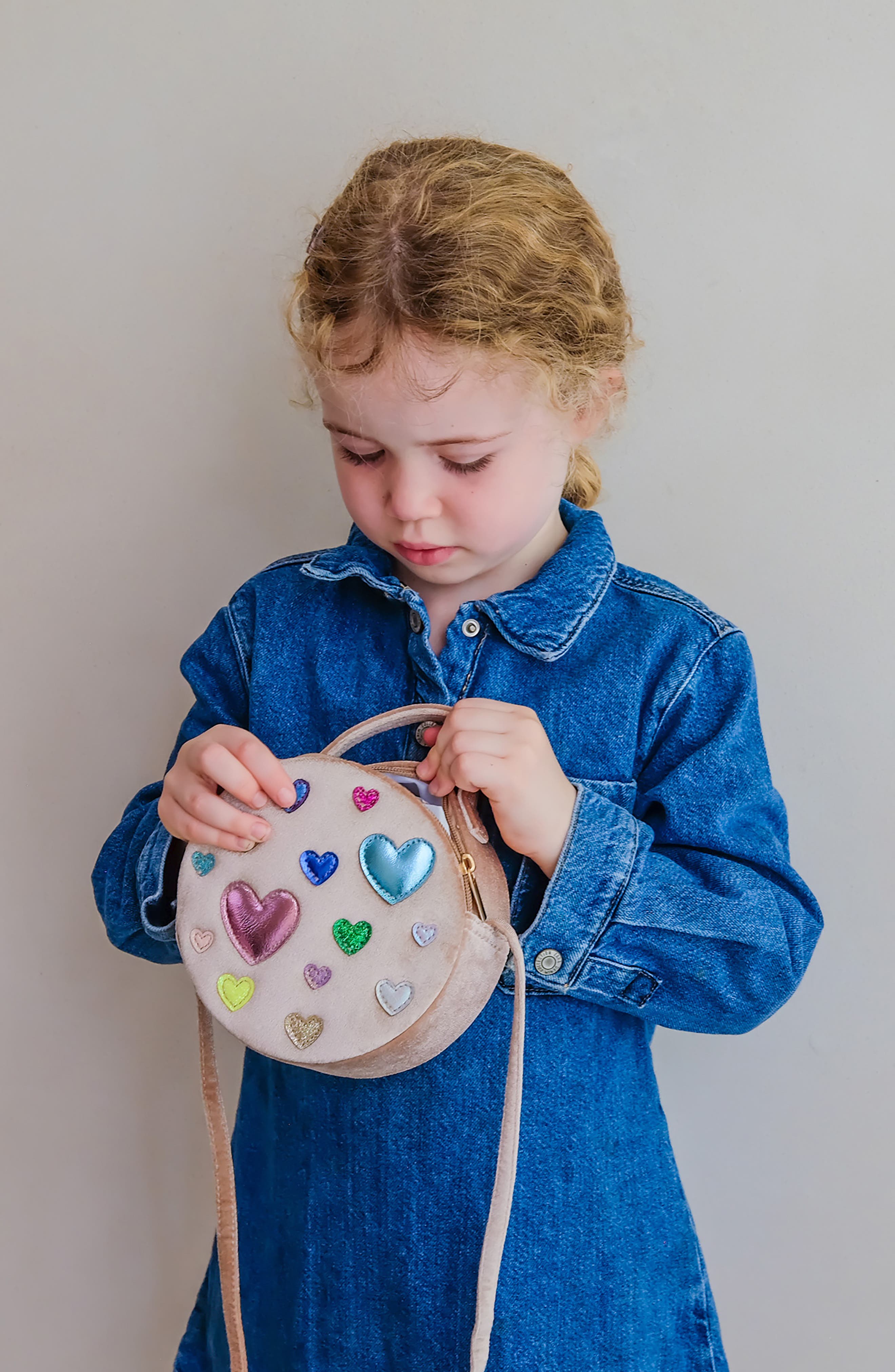 Kids' Scatter Hearts Velvet Bag, Alternate, color, LIGHT BEIGE
