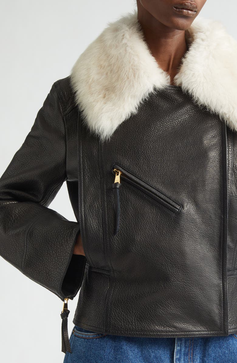 Balmain Genuine Shearling Collar Leather Biker Jacket, Alternate, color, Ecru/Jet Black/ Natural