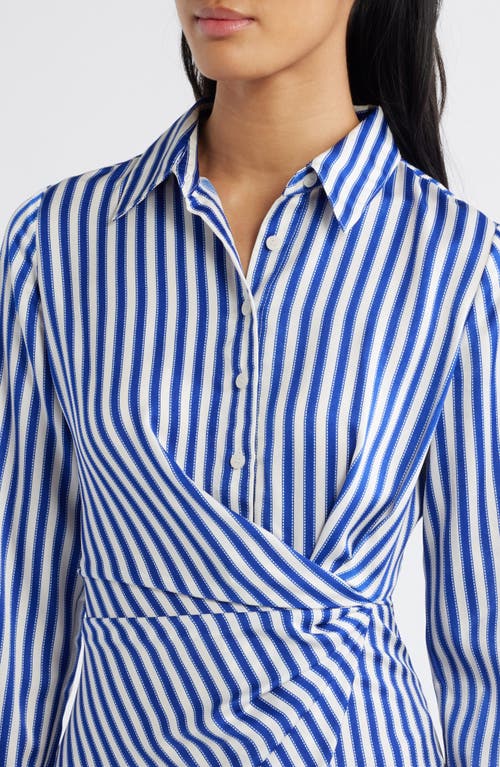 Zoe And Claire Stripe Wrap Waist Long Sleeve Midi Shirtdress In Ivory/blue