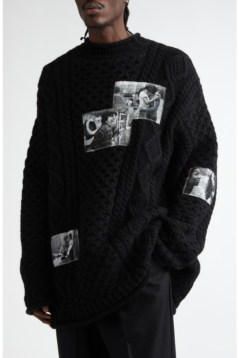 Joseph Szabo Photo Patch Wool Fisherman Sweater, Alternate, color, BLACK