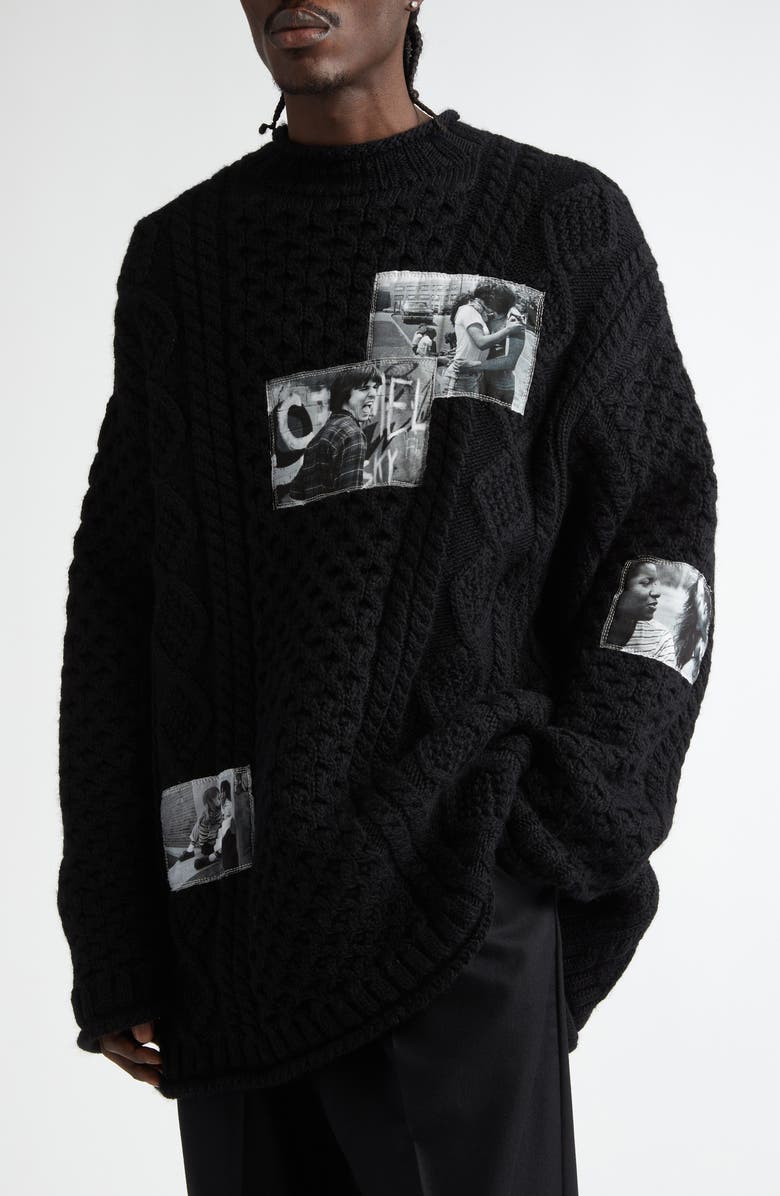 TAKAHIROMIYASHITA TheSoloist. Joseph Szabo Photo Patch Wool Fisherman Sweater, Alternate, color, Black