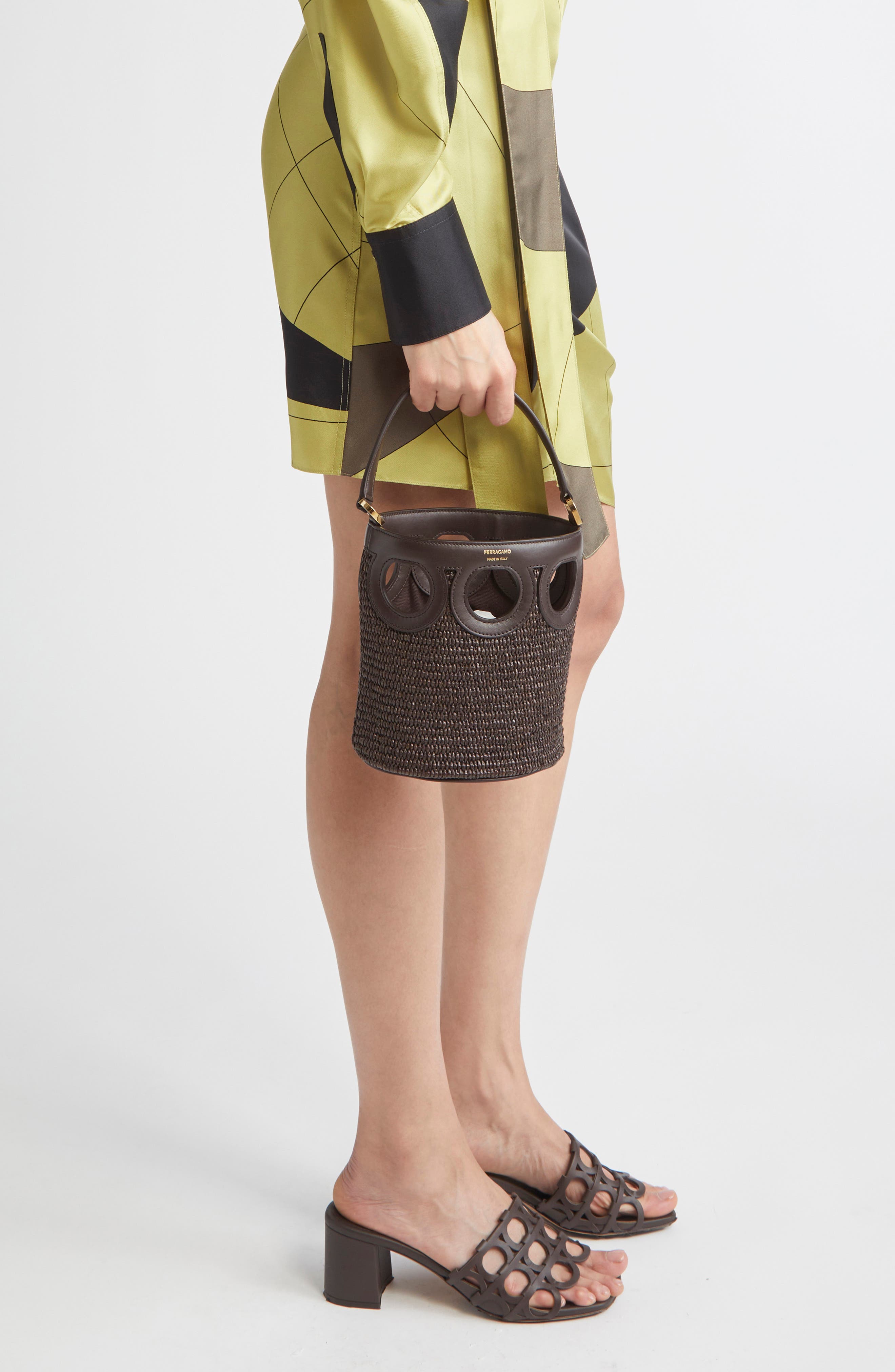 FERRAGAMO Mini Gancio Outline Raffia Bucket Bag, Alternate, color, T Moro/ Testa Di Moro