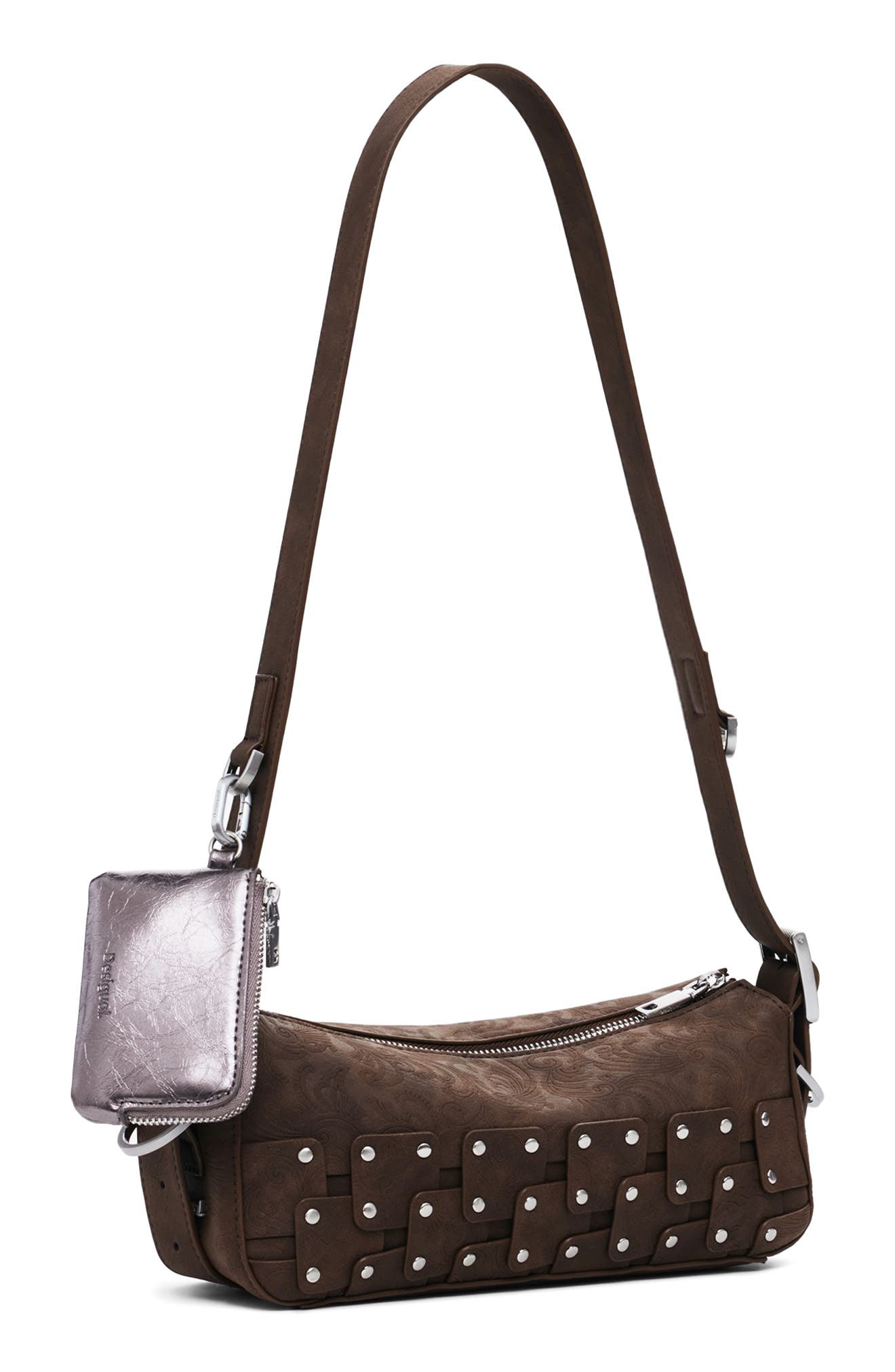 Desigual Studded Patchwork Faux Leather Crossbody Bag, Alternate, color, Dark Brown