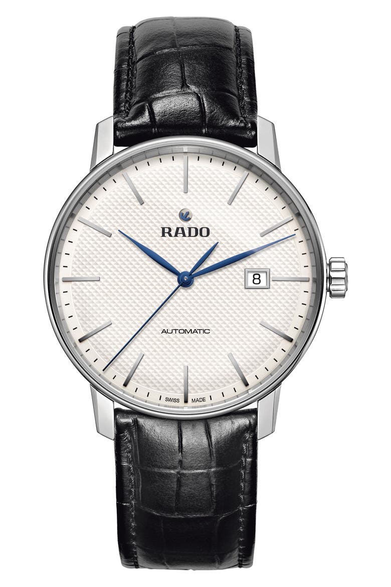 Coupole Classic Automatic Embossed Leather Strap Watch, 41mm, Main, color, BLACK/WHITE/SILVER