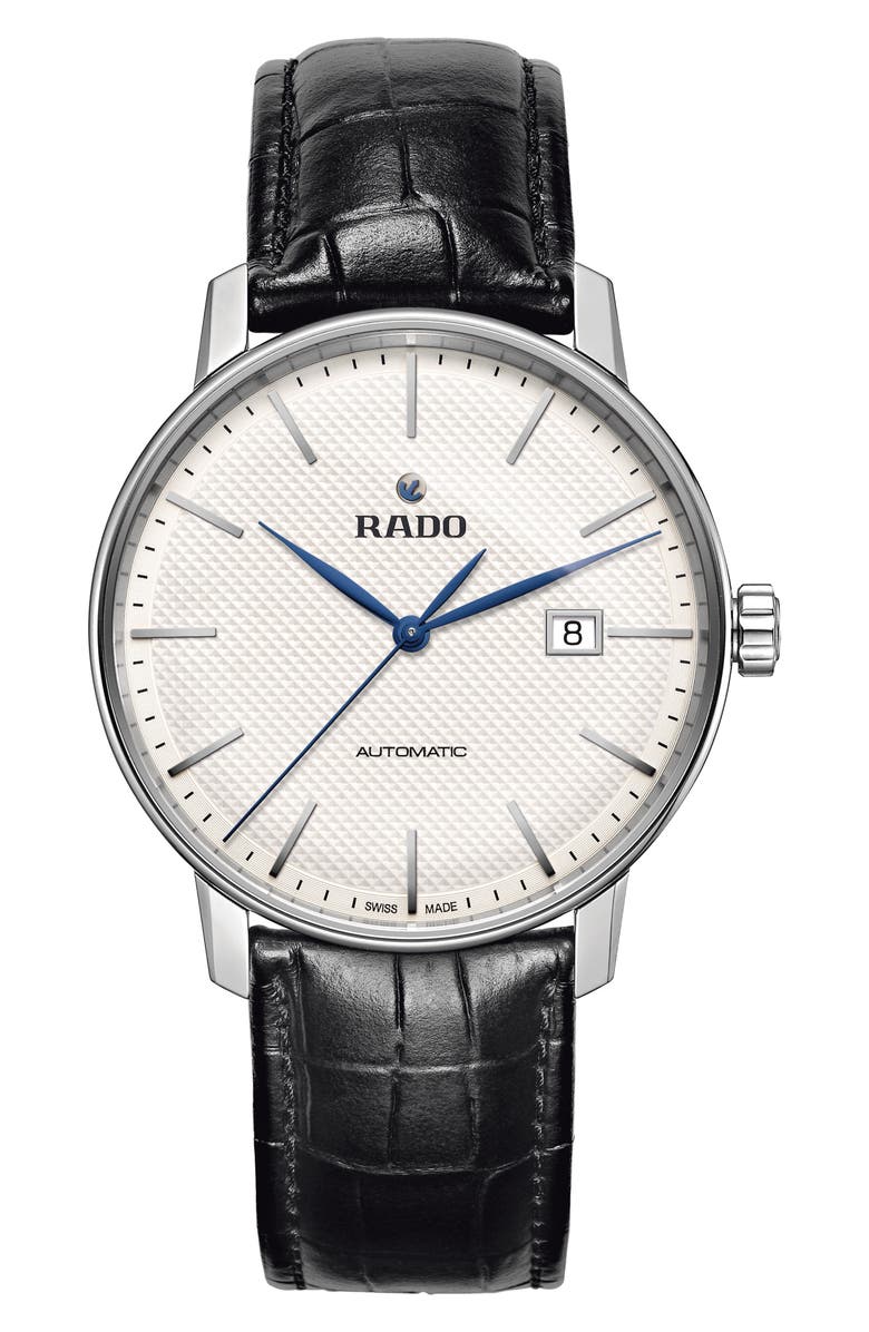 RADO Coupole Classic Automatic Embossed Leather Strap Watch, 41mm, Main, color, Black/White/Silver