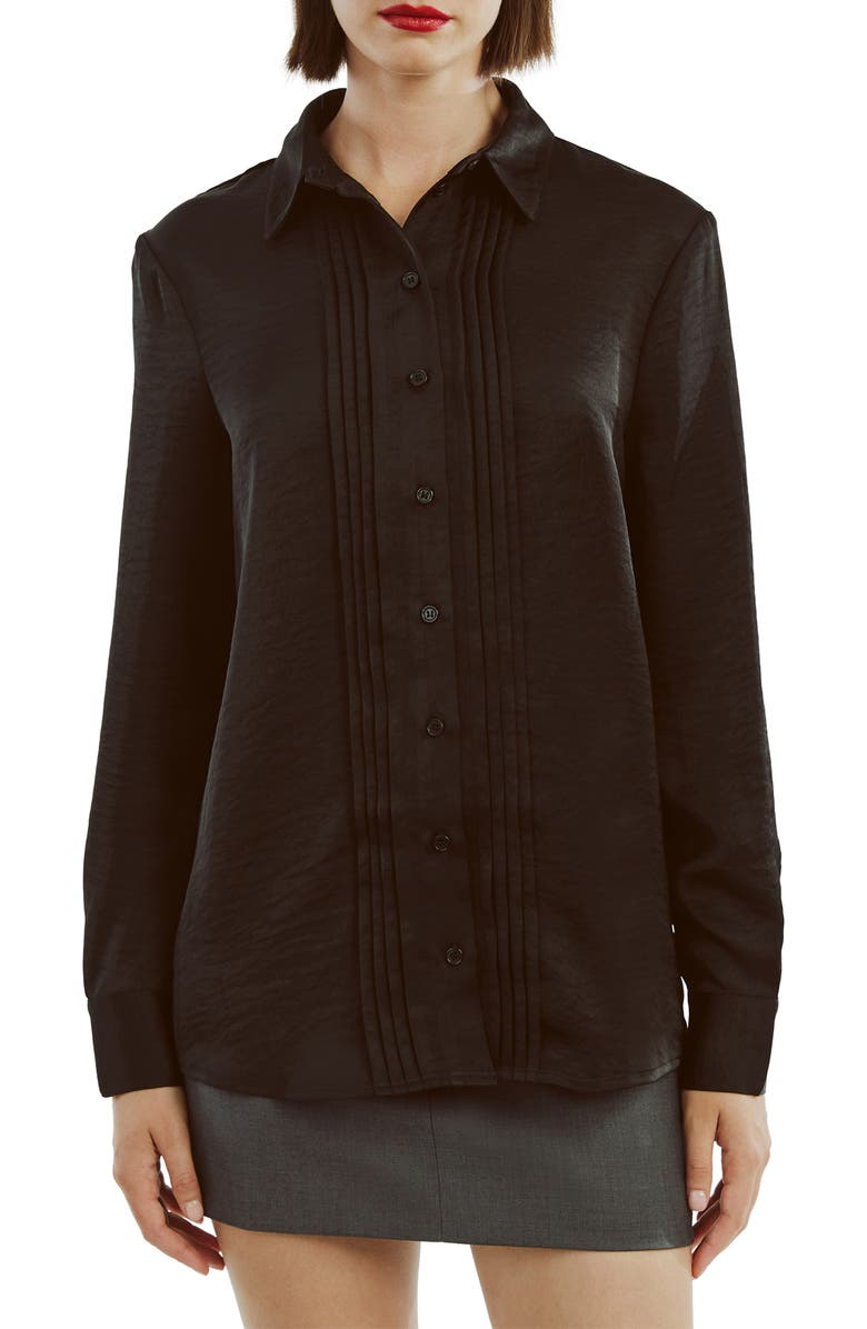 Bardot Dinah Pintuck Satin Button-Up Shirt, Main, color, Black
