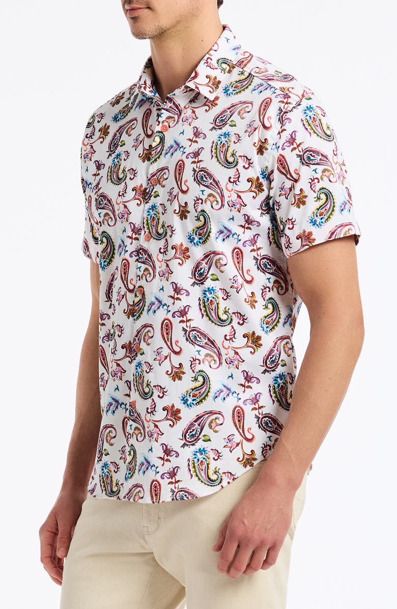 Robert Graham Tangier Paisley Short Sleeve Stretch Cotton Button-Up Shirt, Alternate, color, Red