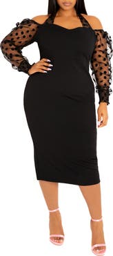 BUXOM COUTURE Polka Dot Contrast Long Sleeve Sheath Dress