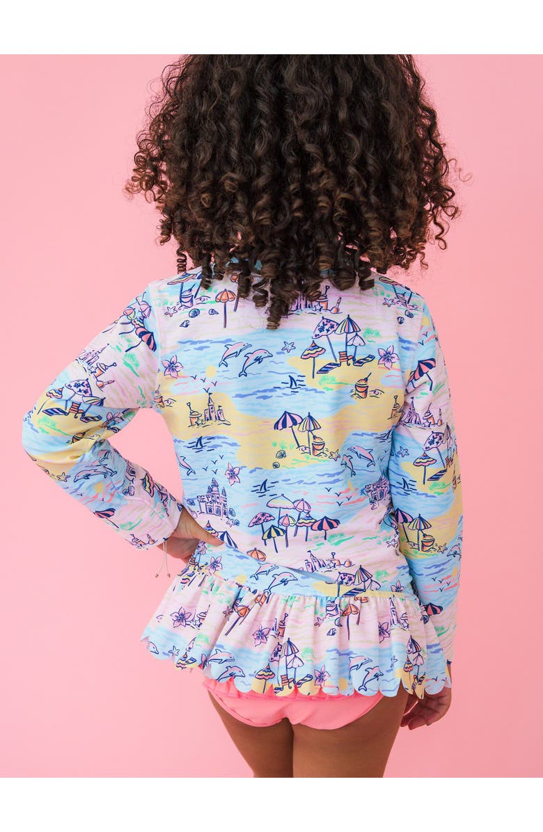 RuffleButts Girls UPF50+ Sun Protected Scallop Hem Long Sleeve Rash Guard Bikini, Alternate, color, Beach Day
