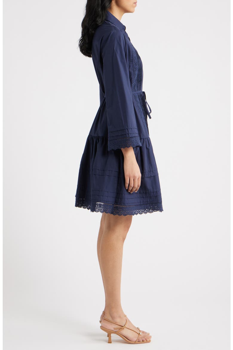 Lace Trim Tie Waist Long Sleeve Dress, Alternate, color, NAVY