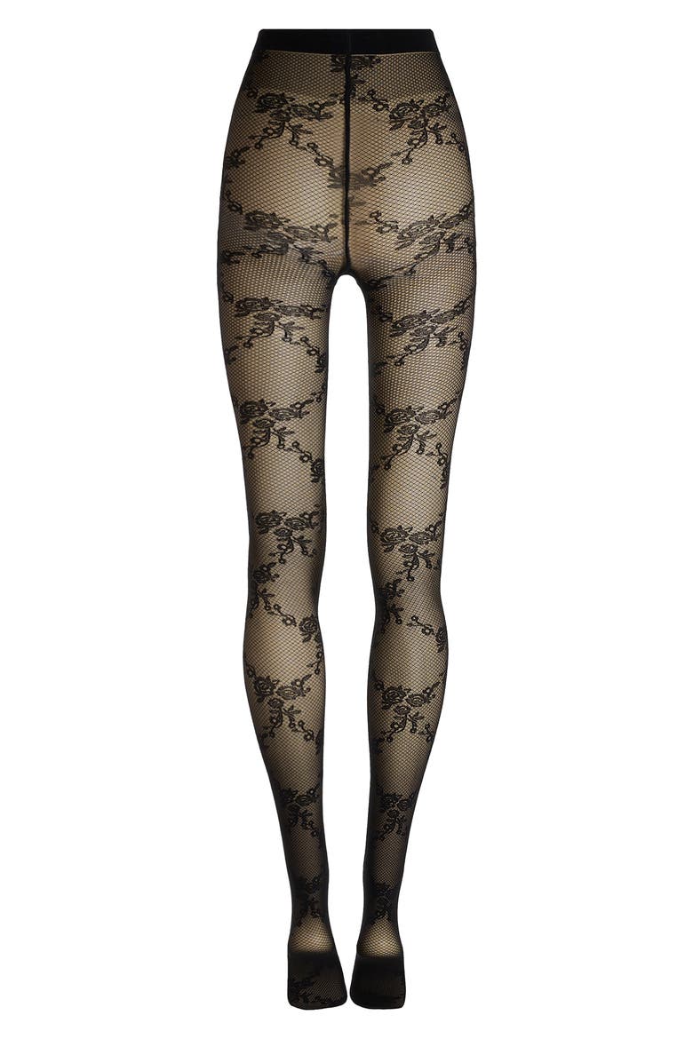Floral Lace Tights, Alternate, color, BLACK