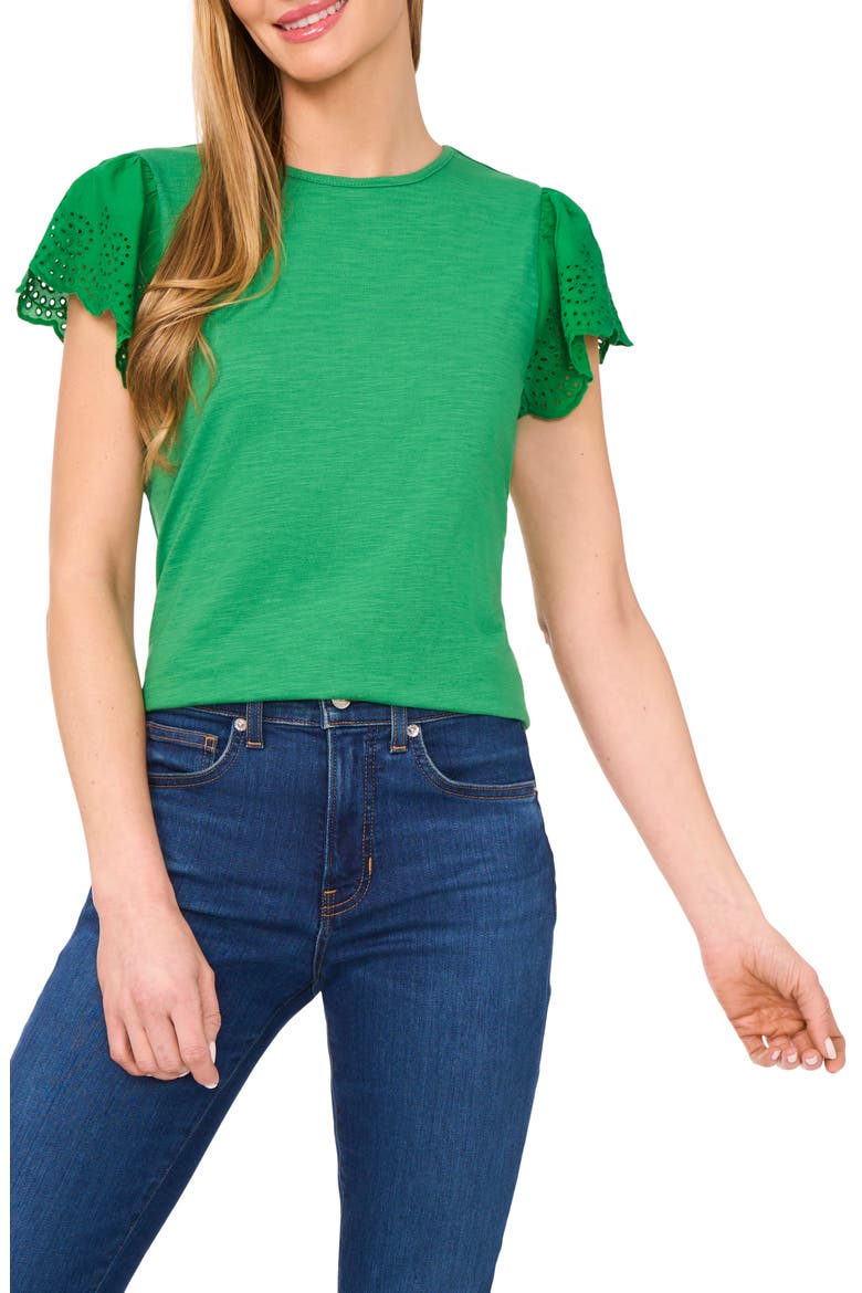 Eyelet Flutter Sleeve T-Shirt, Main, color, MEDIUM GREEN
