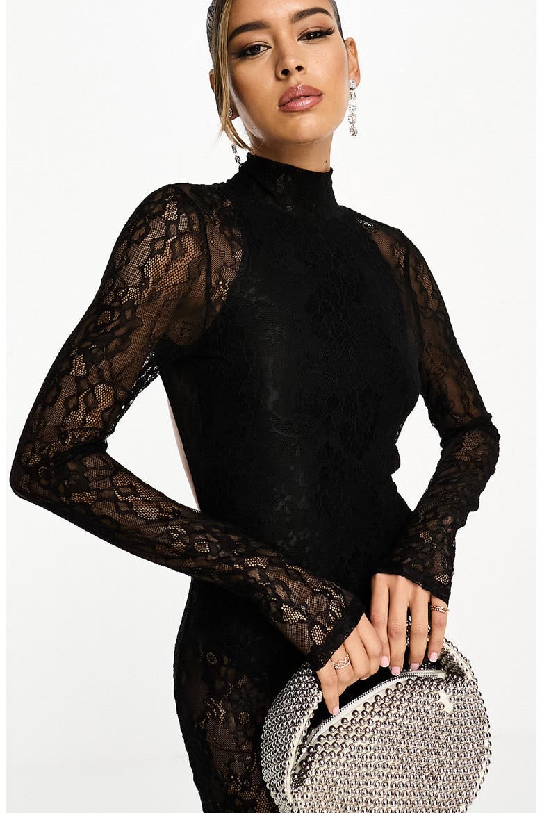 Long Sleeve Lace Overlay Body-Con Maxi Dress, Alternate, color, BLACK