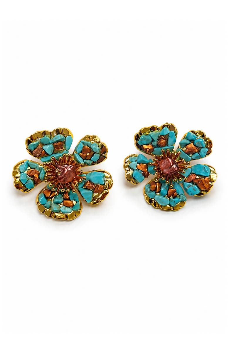 Turquoise Flower Stud Earrings, Main, color, GOLD