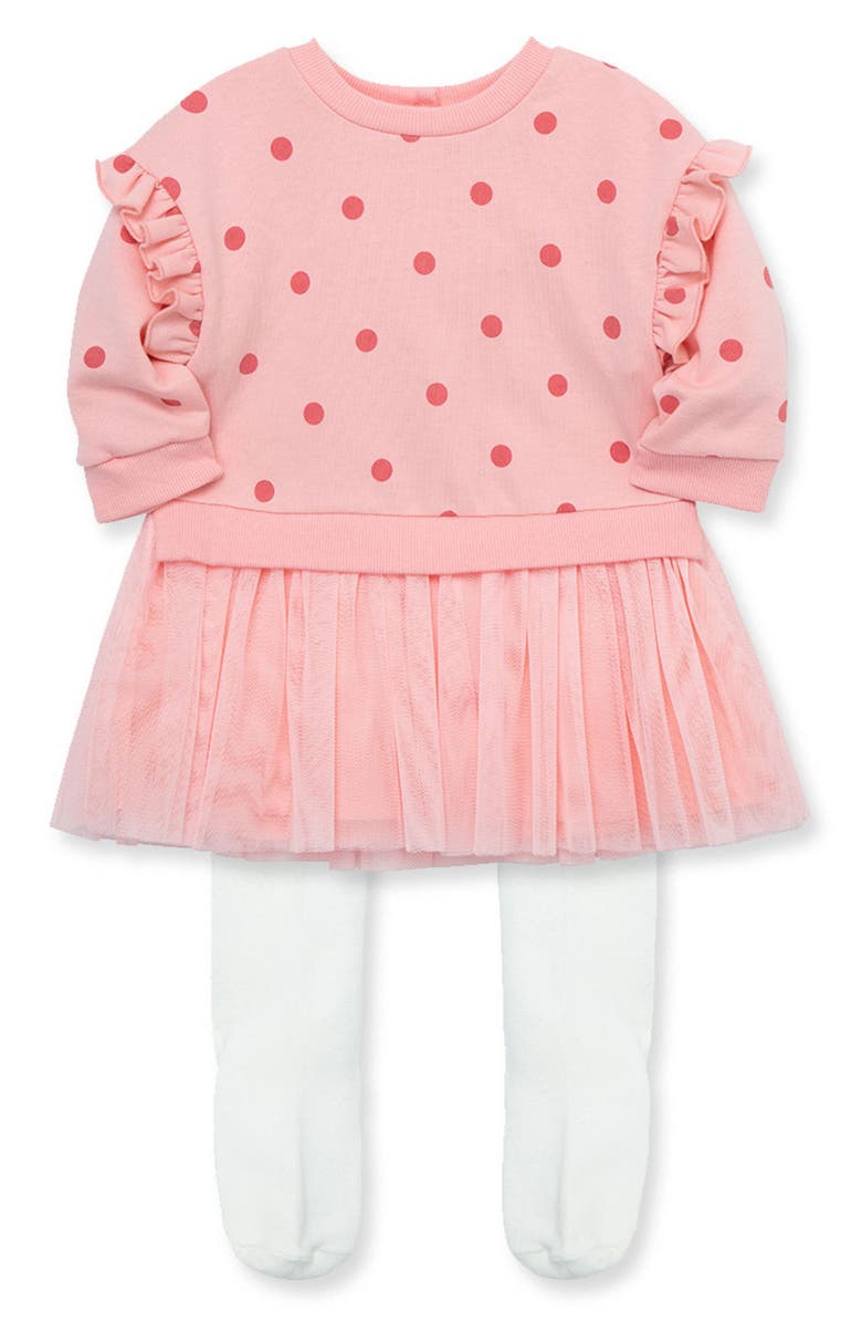 Little Me Polka Dot Ruffle Long Sleeve Dress & Tights Set, Main, color, 