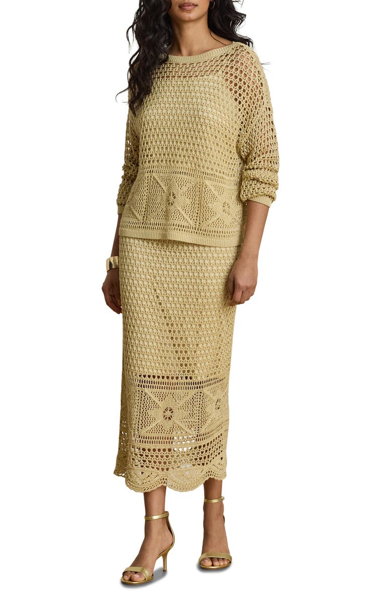 Lauren Ralph Lauren Astound Pointelle Knit Linen Blend Midi Skirt, Alternate, color, Canyon Sand Brown