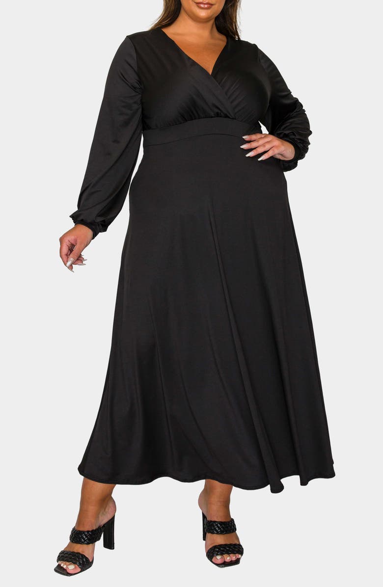 L I V D Sophia Surplice Neck Long Sleeve Satin Maxi Dress, Main, color, Black