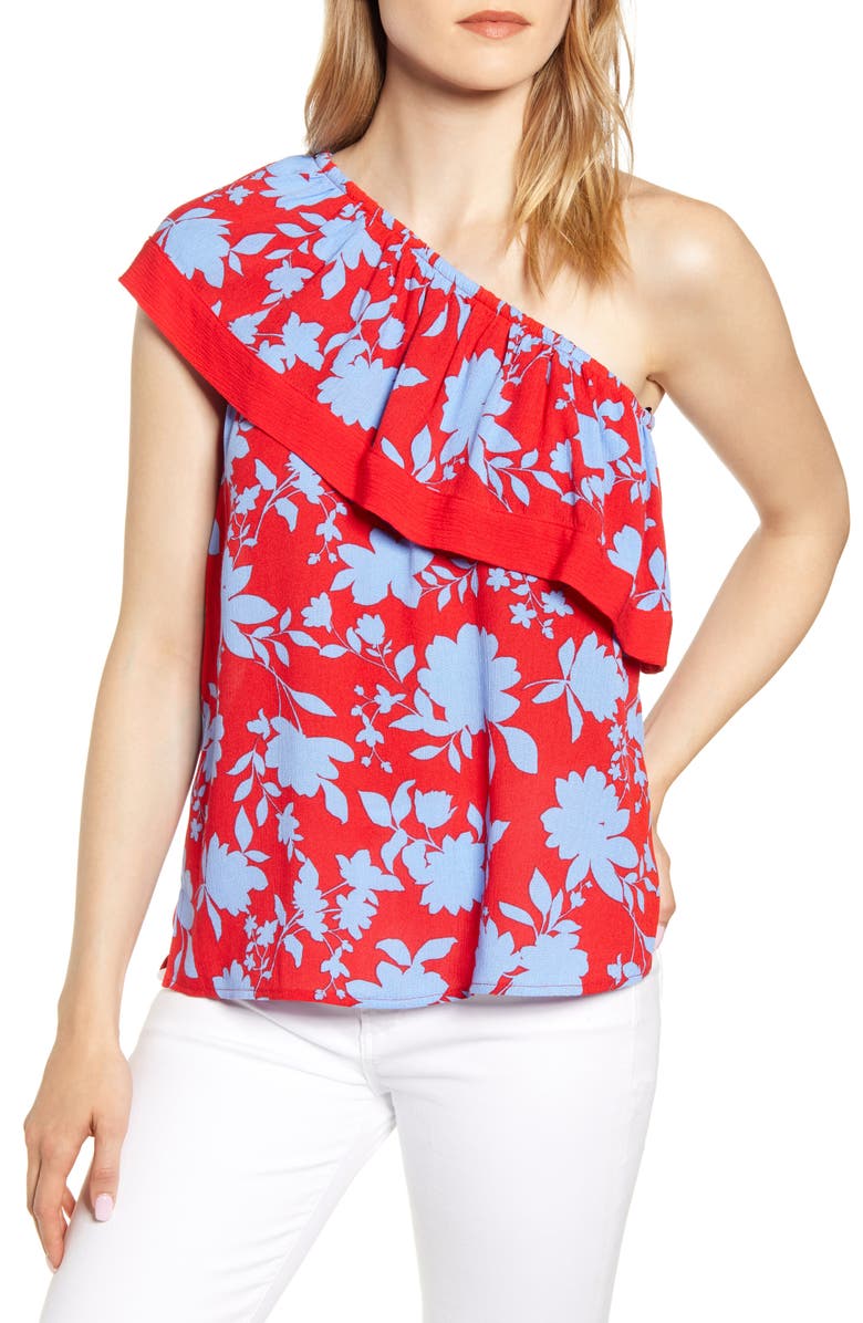 GIBSONLOOK Gibson x Hi Sugarplum! Ibiza One-Shoulder Ruffle Top, Main, color,