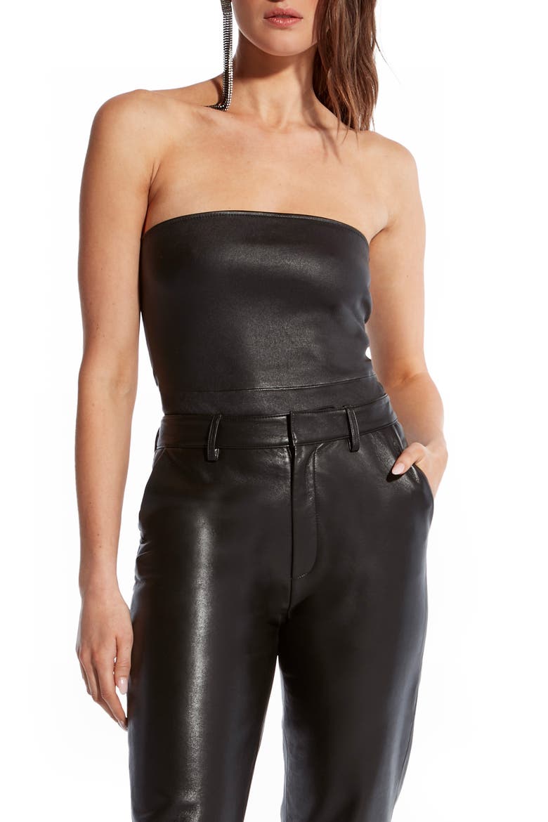 Cinematique Stretch Leather Bustier, Main, color, BLACK