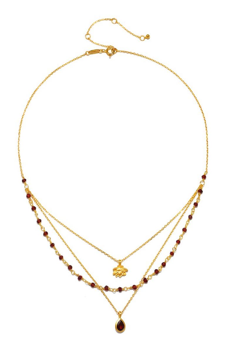 Satya Jewelry Embrace Change Garnet Lotus Triple Necklace, Alternate, color, Red