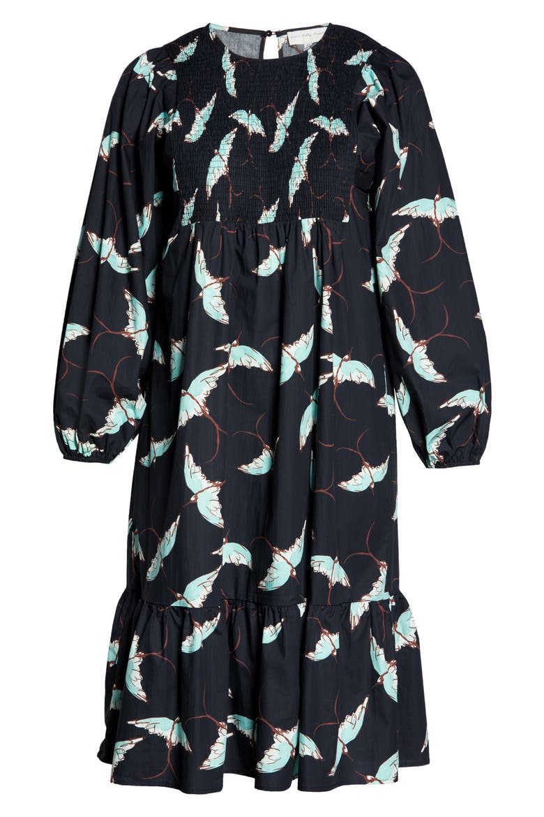 Black Swallows Smocked Long Sleeve Midi Dress, Alternate, color, BLACK