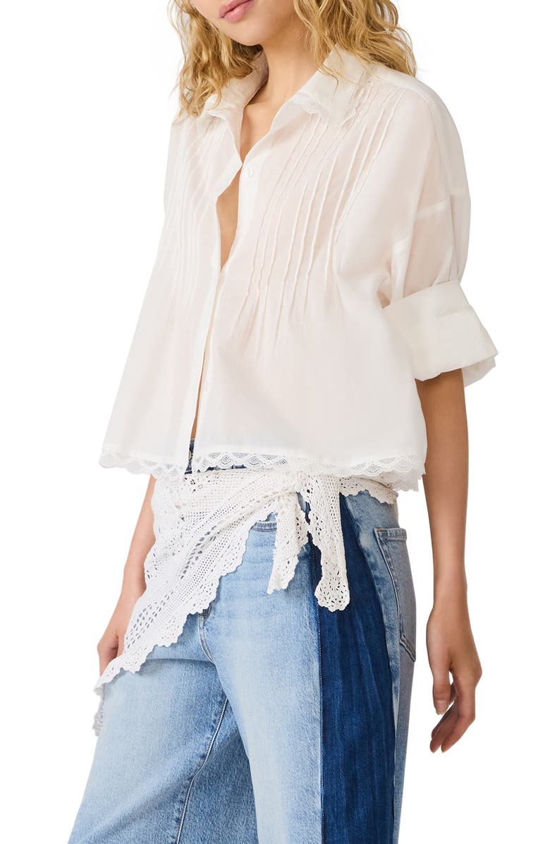 Steve Madden Delphi Lace & Pleat Detail Cotton Button-Up Shirt, Alternate, color, Antique